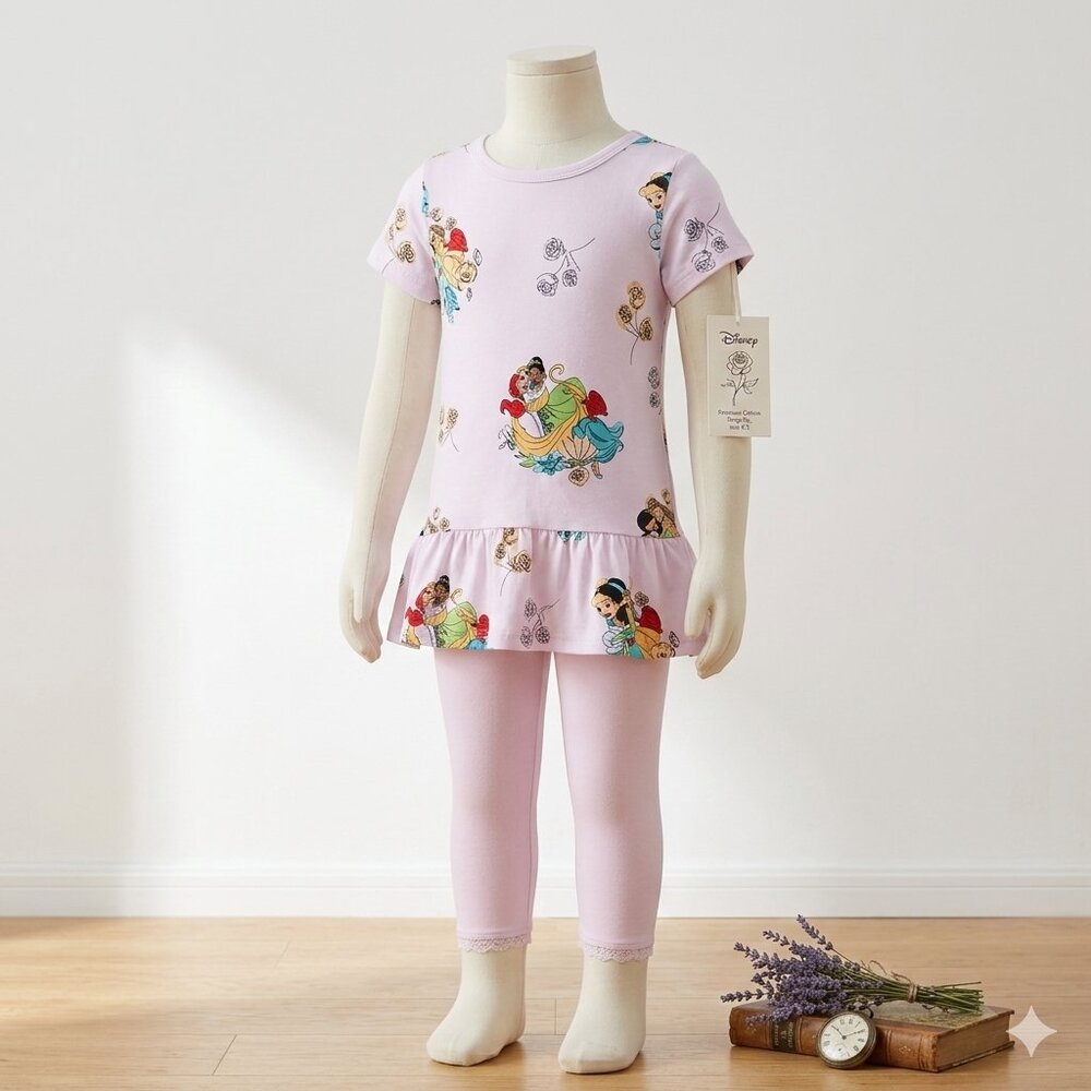 Girls Disney PrincessOutfit Set Peplum Tunic Top Shirt Leggings Size SM 5/6